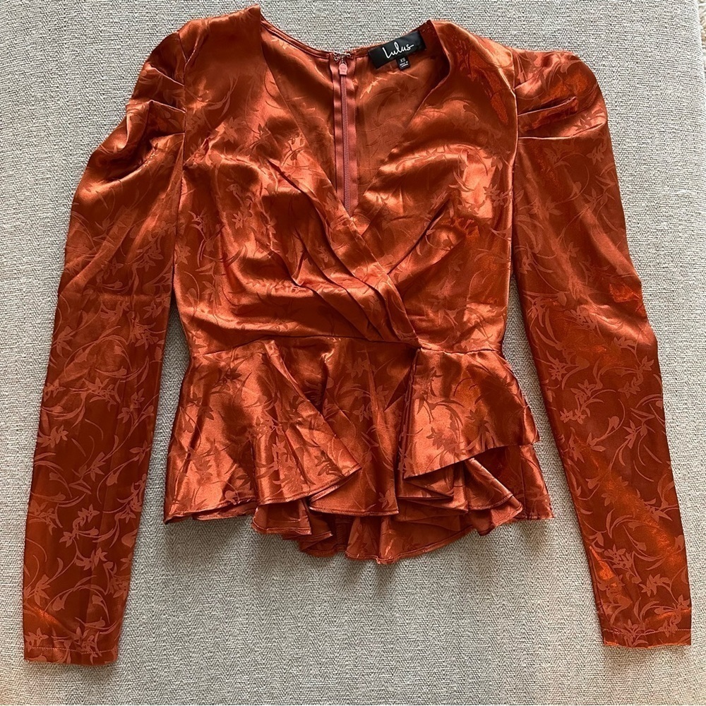 Lulu's Rust Orange Satin Peplum Long-Sleeve Blouse